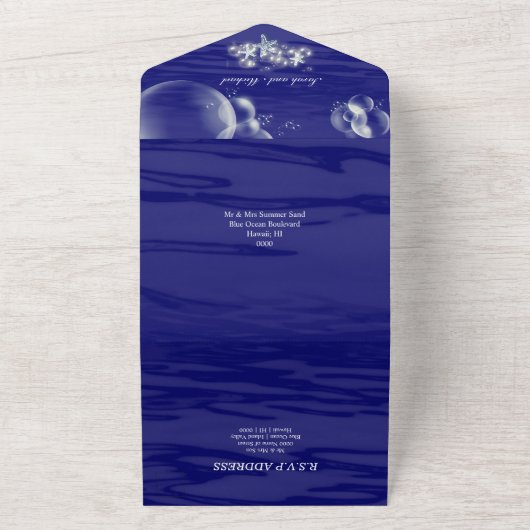 Blauwe zeester strand trouwzomervakantie all in one uitnodiging (Buitenkant)