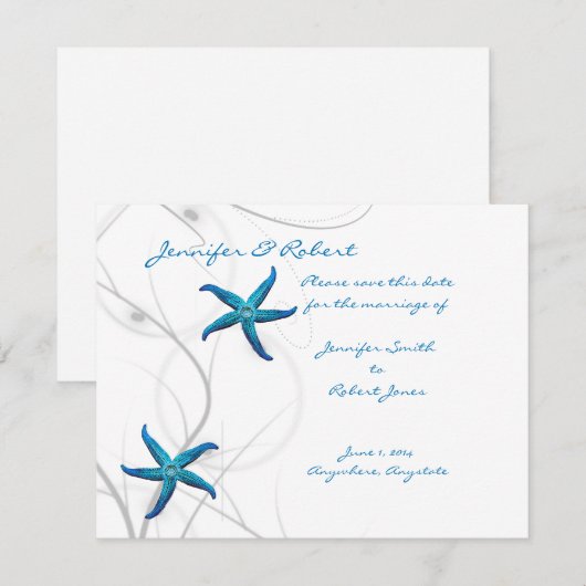 Blauwe zeesterren en zilveren koraal Save the Date (Voorkant / Achterkant)