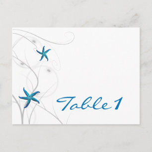 Blauwe zeesterren en zilveren koraal tafel nummer briefkaart