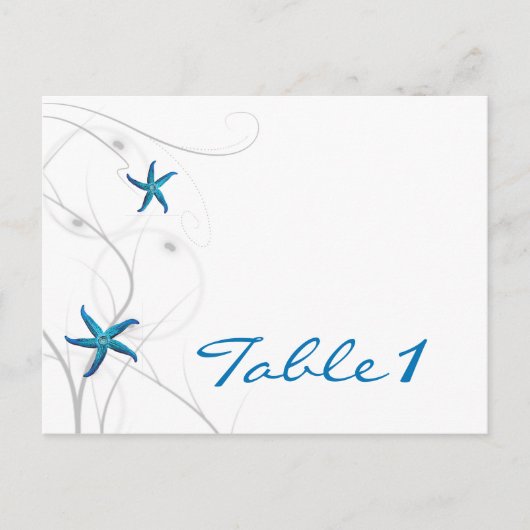 Blauwe zeesterren en zilveren koraal tafel nummer briefkaart (Voorkant)