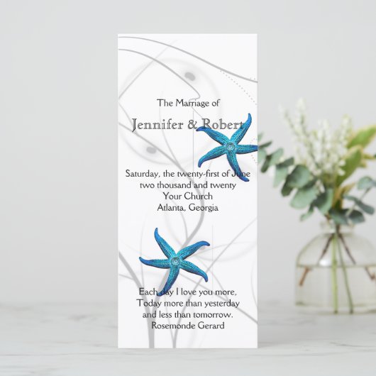 Blauwe zeesterren met zilveren koraal bruiloft pro programmakaart (Staand voorkant)