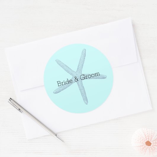 Blauwe zeesterren strand ronde sticker (Envelop)