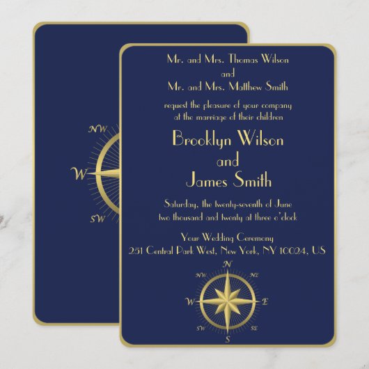 Blauwe Zeevaart Trouw Uitnodigingen Gouden Kompas (Voorkant / Achterkant)