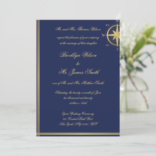 Blauwe Zeevaart Trouwkaarten Gouden Kompas Kaart (Staand voorkant)