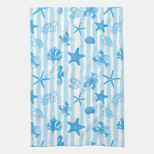 Blauwe Zeewezens Nautisch Doodle Patroon Theedoek