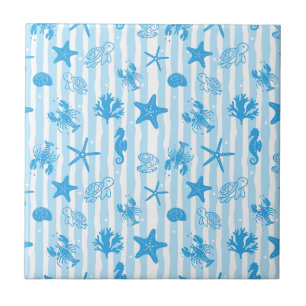 Blauwe Zeewezens Nautisch Doodlepatroon Tegeltje