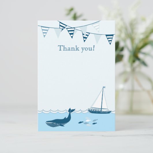 Blauwe zeezeilboot baby douche bedankt (Staand voorkant)