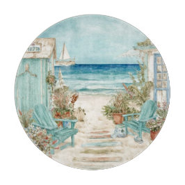 BLAUWE ZEEZIJDE SCÈNE MET HUTTEN EN STOELEN SNIJPLANK