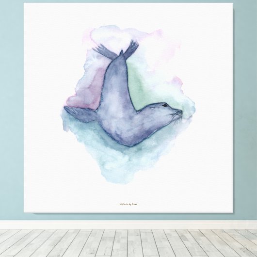 Blauwe zegel waterverf schilderij canvas afdruk (Insitu (Houten vloer))