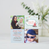 Blauwe zeilboot 2 Foto Kinder - Verjaardagsuitnodi Kaart (Staand voorkant)