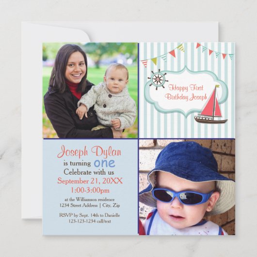 Blauwe zeilboot 2 Foto Kinder - Verjaardagsuitnodi Kaart (Voorkant)