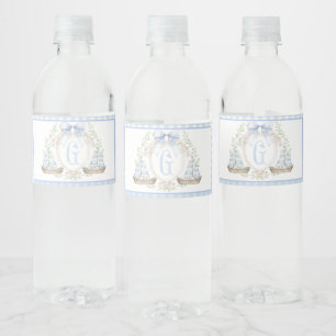 Blauwe zeilboot baby shower waterfles labels etiket
