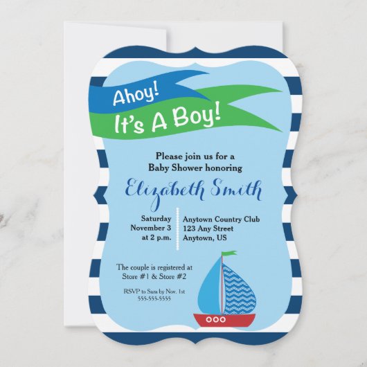Blauwe zeilboot Nautical Boy Baby shower Kaart (Voorkant)