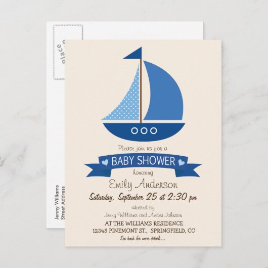 Blauwe zeilboot, nautisch Baby shower Uitnodiging Briefkaart (Voorkant / Achterkant)