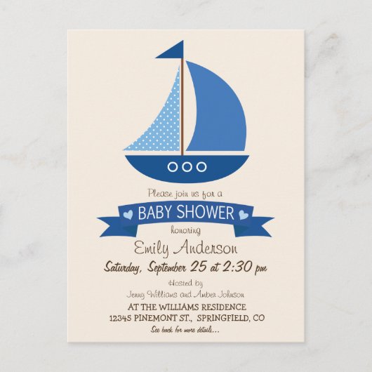 Blauwe zeilboot, nautisch Baby shower Uitnodiging Briefkaart (Voorkant)
