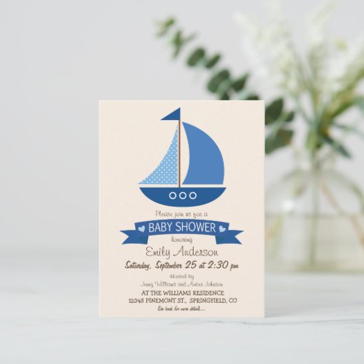 Blauwe zeilboot, nautisch Baby shower Uitnodiging Briefkaart (Staand voorkant)