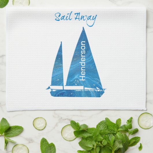 blauwe zeilboot Nautisch Theedoek (Gevouwen)