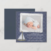 Blauwe zeilboot sterren jongen foto geboorte aanko aankondiging (Voorkant / Achterkant)