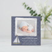 Blauwe zeilboot sterren jongen foto geboorte aanko aankondiging (Staand voorkant)