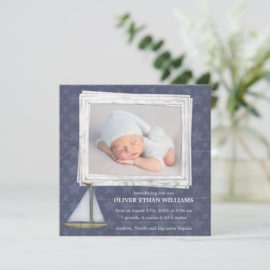 Blauwe zeilboot sterren jongen foto geboorte aanko aankondiging (Staand voorkant)