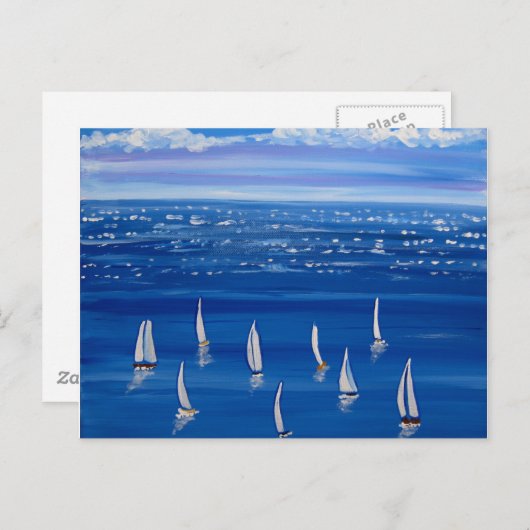 Blauwe zeilboten Folk Art Post Card Briefkaart (Voorkant / Achterkant)