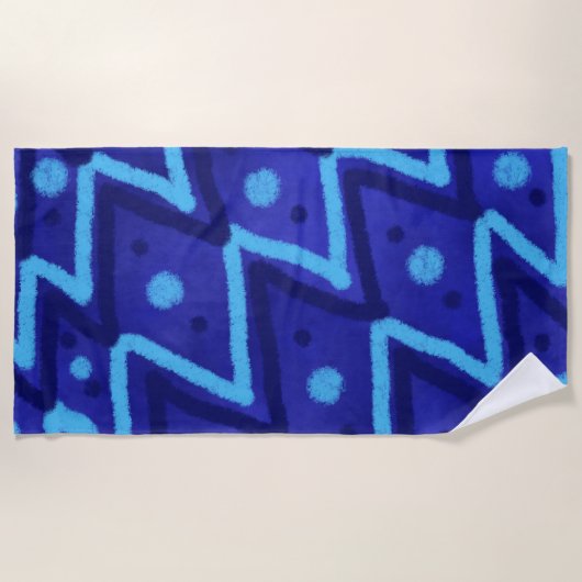 Blauwe Zig Zag Stippen Funky Patroon Strandlaken (Voorkant)