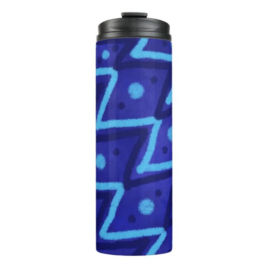 Blauwe Zig Zag Stippen Funky Patroon  Thermosbeker (Voorkant)