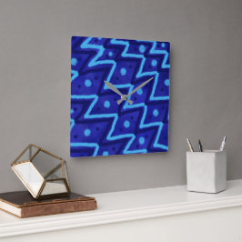 Blauwe Zig Zag Stippen Funky Patroon Vierkante Klok