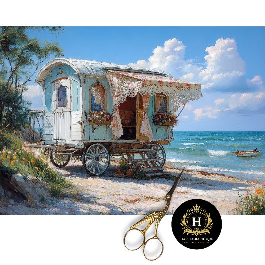 Blauwe zigeunerwagen Decoupage Zeekleur  Tissuepapier