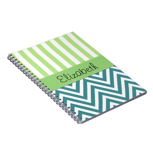 Blauwe zigzag, Chevron, groene strepen, Jouw naam Notitieboek (Rechterzijde)