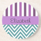 Blauwe zigzag, Chevron, Paarse strepen, Jouw naam Zandsteen Onderzetter (Voorkant)