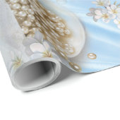 Blauwe Zijde en Ivory Champaign Pearls Cadeaupapier (Rol Hoek)