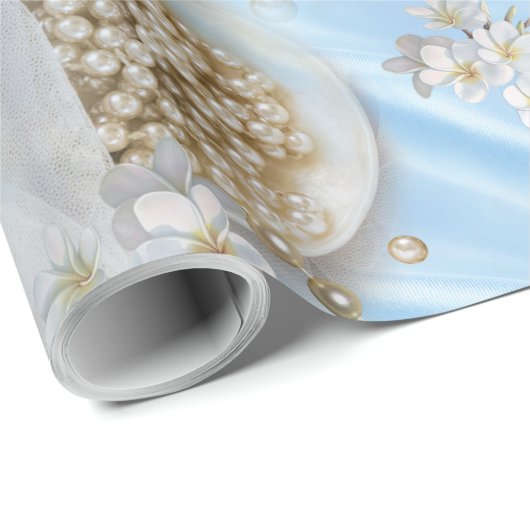Blauwe Zijde en Ivory Champaign Pearls Cadeaupapier (Rol Hoek)