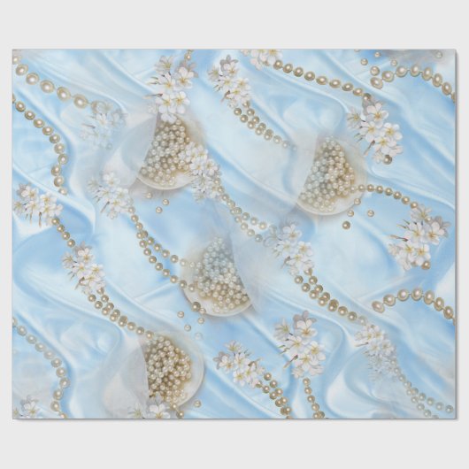 Blauwe Zijde en Ivory Champaign Pearls Cadeaupapier (Vlak)
