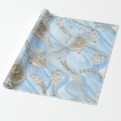 Blauwe Zijde en Ivory Champaign Pearls Cadeaupapier (Uitgerold)