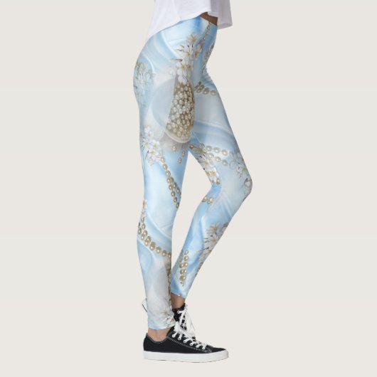 Blauwe Zijde en Ivory Champaign Pearls Leggings (Rechts)