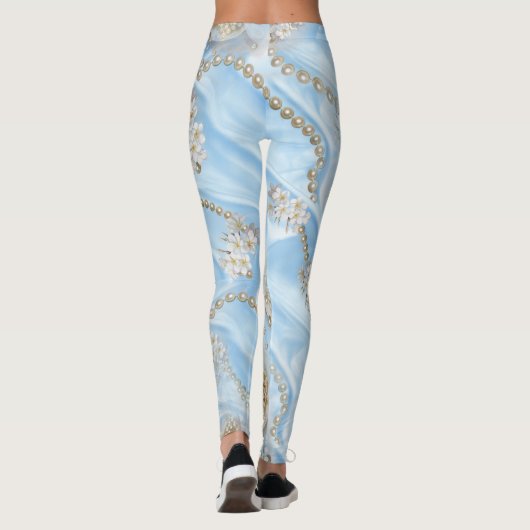 Blauwe Zijde en Ivory Champaign Pearls Leggings (Achterkant)