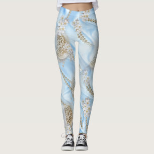 Blauwe Zijde en Ivory Champaign Pearls Leggings