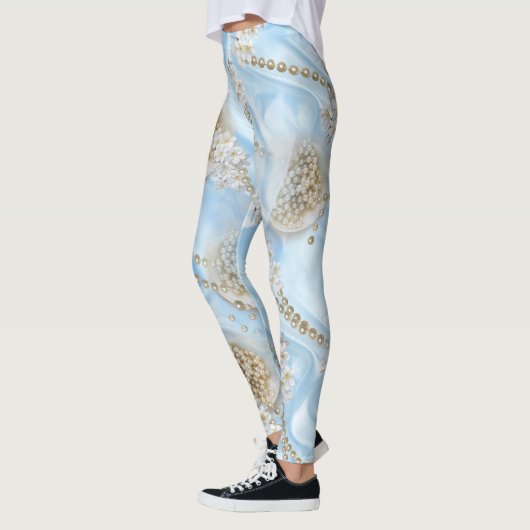 Blauwe Zijde en Ivory Champaign Pearls Leggings (Links)