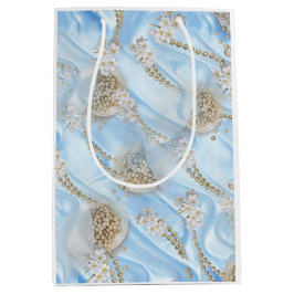 Blauwe Zijde en Ivory Champaign Pearls Medium Cadeauzakje