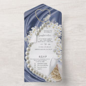 Blauwe Zijde en Parels Alles in Eén Trouw Uitnodig All In One Uitnodiging (Binnen)