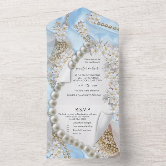 Blauwe Zijde en Parels in één Uitnodiging voor Tro (Binnen)