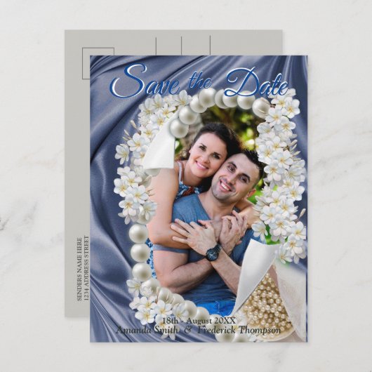 Blauwe Zijde & Ivoren Parels Save the Date Aankondigingskaart (Voorkant / Achterkant)
