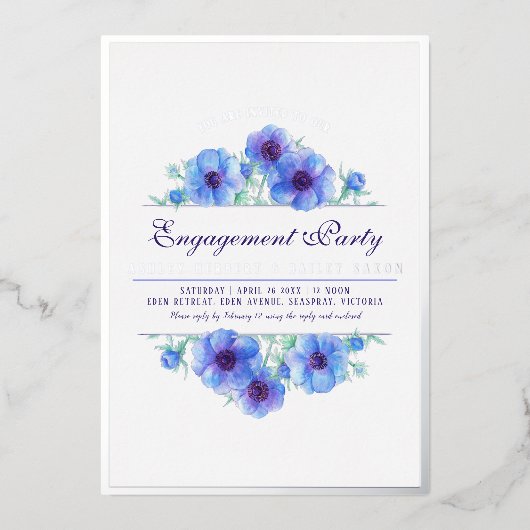 Blauwe zilveranemon florale waterverf verloving folie uitnodiging (Voorkant)
