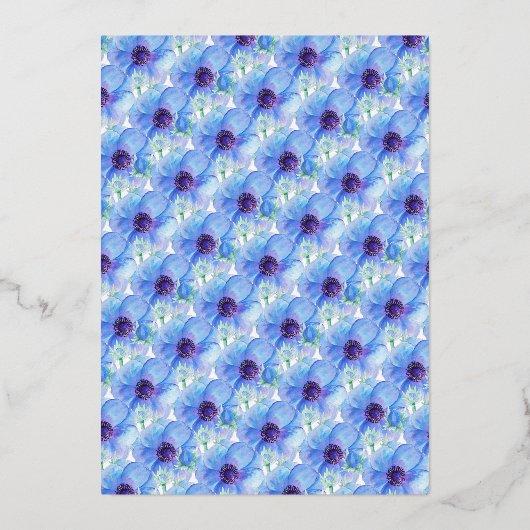 Blauwe zilveranemon florale waterverf verloving folie uitnodiging (Achterkant)