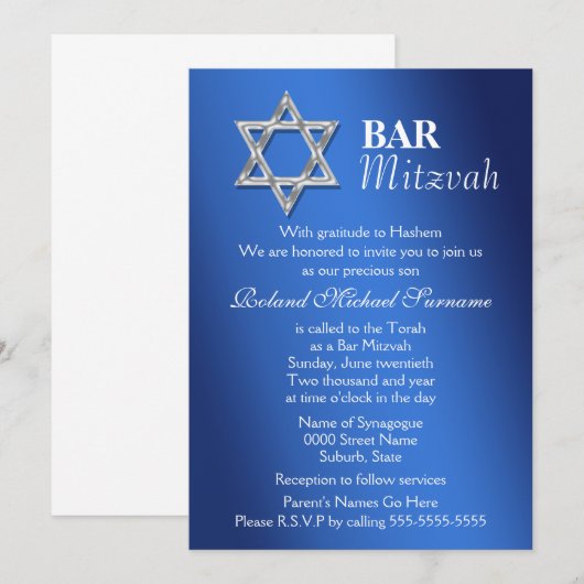 Blauwe zilveren bar mitzvah kaart (Voorkant / Achterkant)