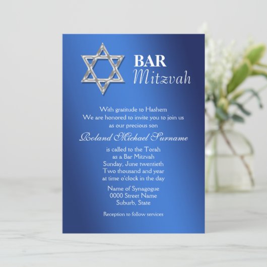 Blauwe zilveren bar mitzvah viering #2 kaart (Staand voorkant)