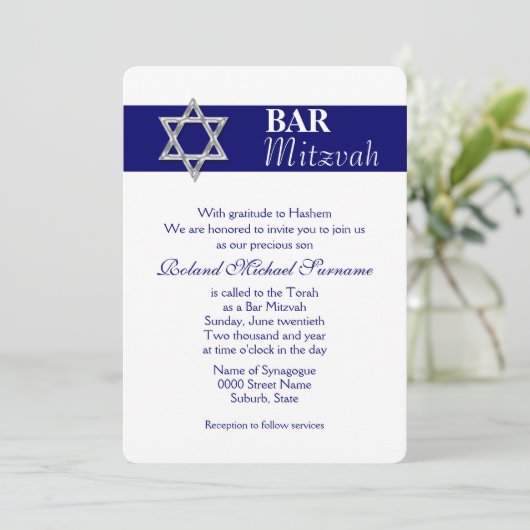 Blauwe zilveren bar mitzvah viering #4 kaart (Staand voorkant)