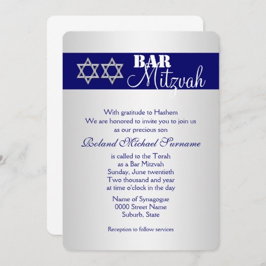Blauwe zilveren bar mitzvah viering #5 kaart (Voorkant / Achterkant)