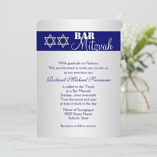 Blauwe zilveren bar mitzvah viering #5 kaart (Staand voorkant)
